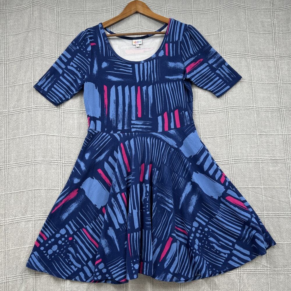 LuLaRoe Nicole Dress Women's Size 2X Blue Pink Brushstroke Geometric Fit Flare
